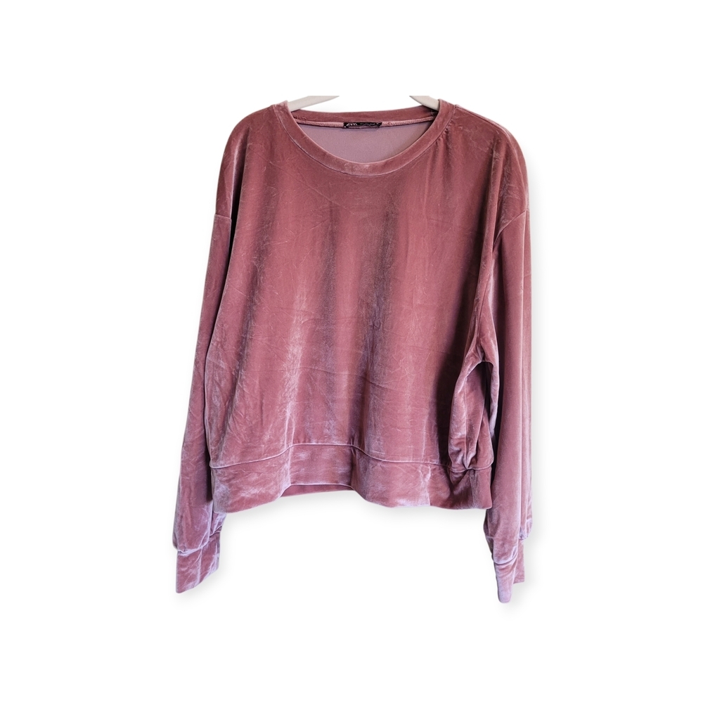 Zara Mauve Velvet Sweatshirt Cropped Crewneck Soft Spring Layer Cozy Top size L